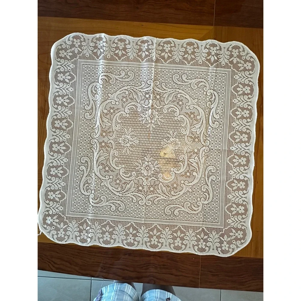 Vintage White Lace Square Table Topper Scalloped Edge Floral Medallion Set of 2